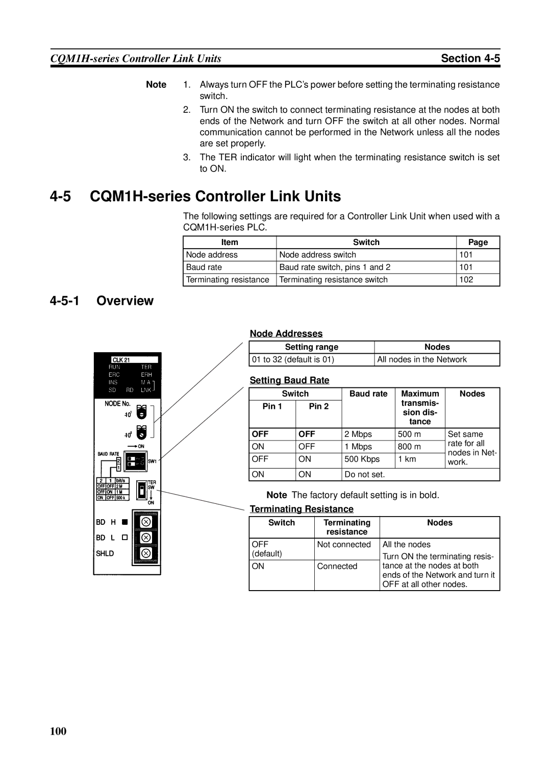 Omron C200HW-CLK21, CVM1-CLK21, CS1W-RPT01 CQM1H-series Controller Link Units, Setting Baud Rate, Pin Sion dis Tance 