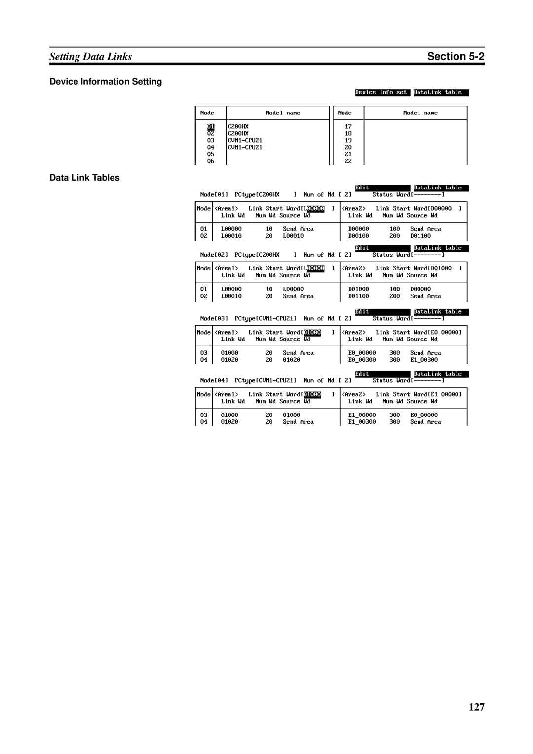 Omron CVM1-CLK21, CS1W-RPT01, CJ1W-CLK21-V1, C200HW-CLK21, CQM1H-CLK21 Device Information Setting Data Link Tables 