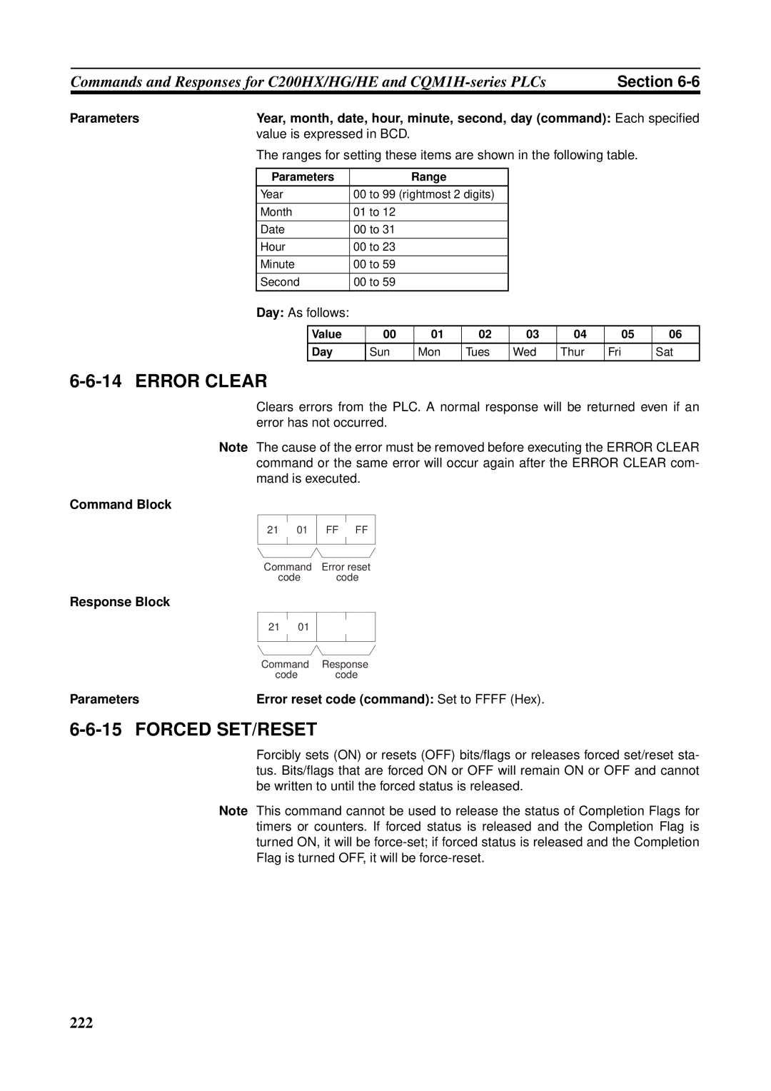 Omron CS1W-CLK21-V1, CVM1-CLK21, CS1W-RPT01 Parameters Error reset code command Set to Ffff Hex, Parameters Range 