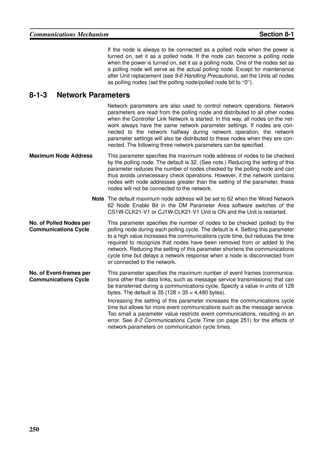 Omron C200HW-CLK21, CVM1-CLK21, CS1W-RPT01, CJ1W-CLK21-V1 Network Parameters, No. of Polled Nodes per Communications Cycle 