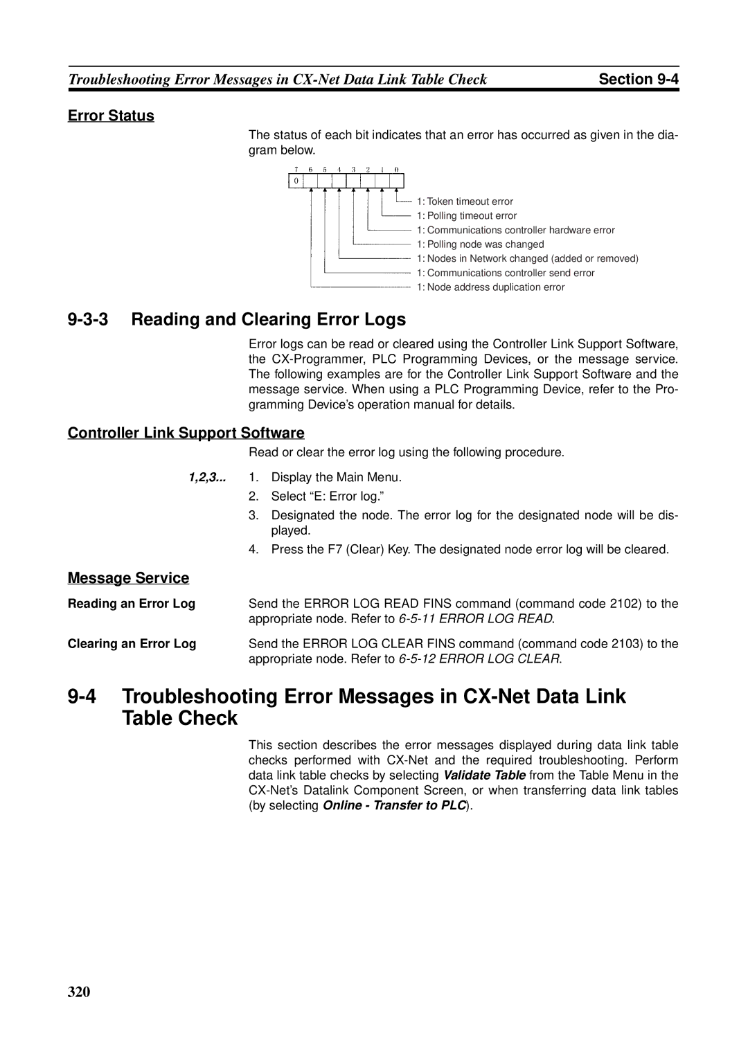 Omron CS1W-RPT01 Reading and Clearing Error Logs, Error Status, Controller Link Support Software, Reading an Error Log 