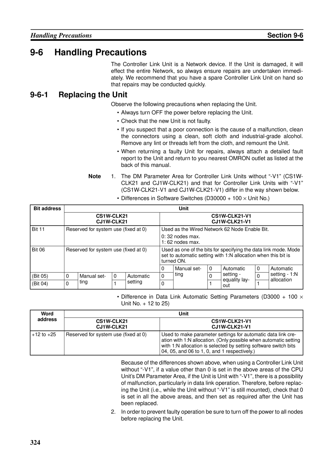 Omron CS1W-CLK21-V1, CVM1-CLK21, CS1W-RPT01 Handling Precautions, Replacing the Unit, Bit address Unit, Word Unit 