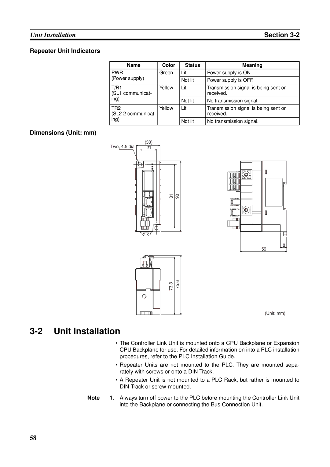 Omron C200HW-CLK21, CVM1-CLK21, CS1W-RPT01, CJ1W-CLK21-V1, CQM1H-CLK21, CS1W-CLK21-V1 operation manual Unit Installation 