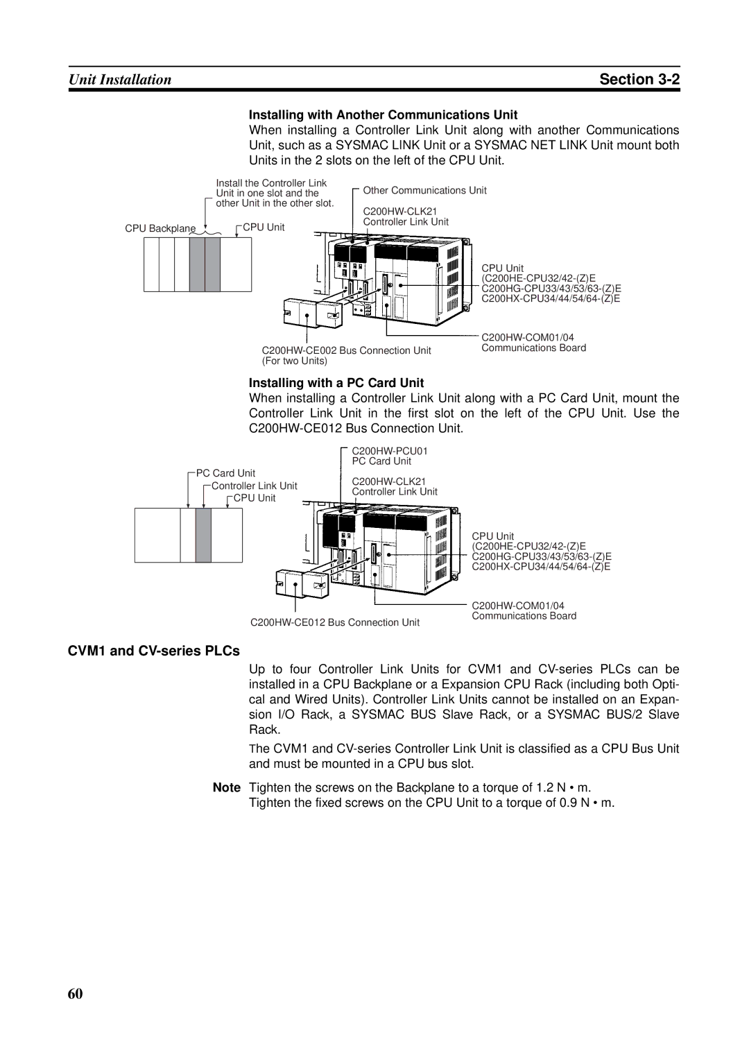 Omron CS1W-CLK21-V1 CVM1 and CV-series PLCs, Installing with Another Communications Unit, Installing with a PC Card Unit 