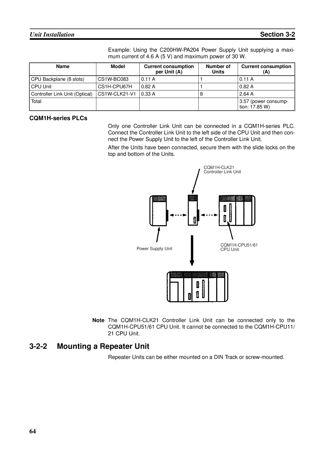 Omron C200HW-CLK21 Mounting a Repeater Unit, CQM1H-series PLCs, Mum current of 4.6 a 5 V and maximum power of 30 W 