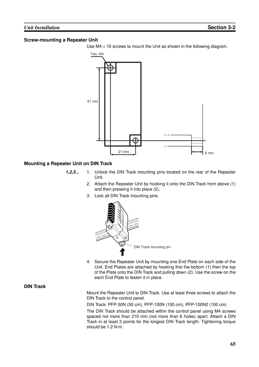 Omron CQM1H-CLK21, CVM1-CLK21, CS1W-RPT01 Screw-mounting a Repeater Unit, Mounting a Repeater Unit on DIN Track 