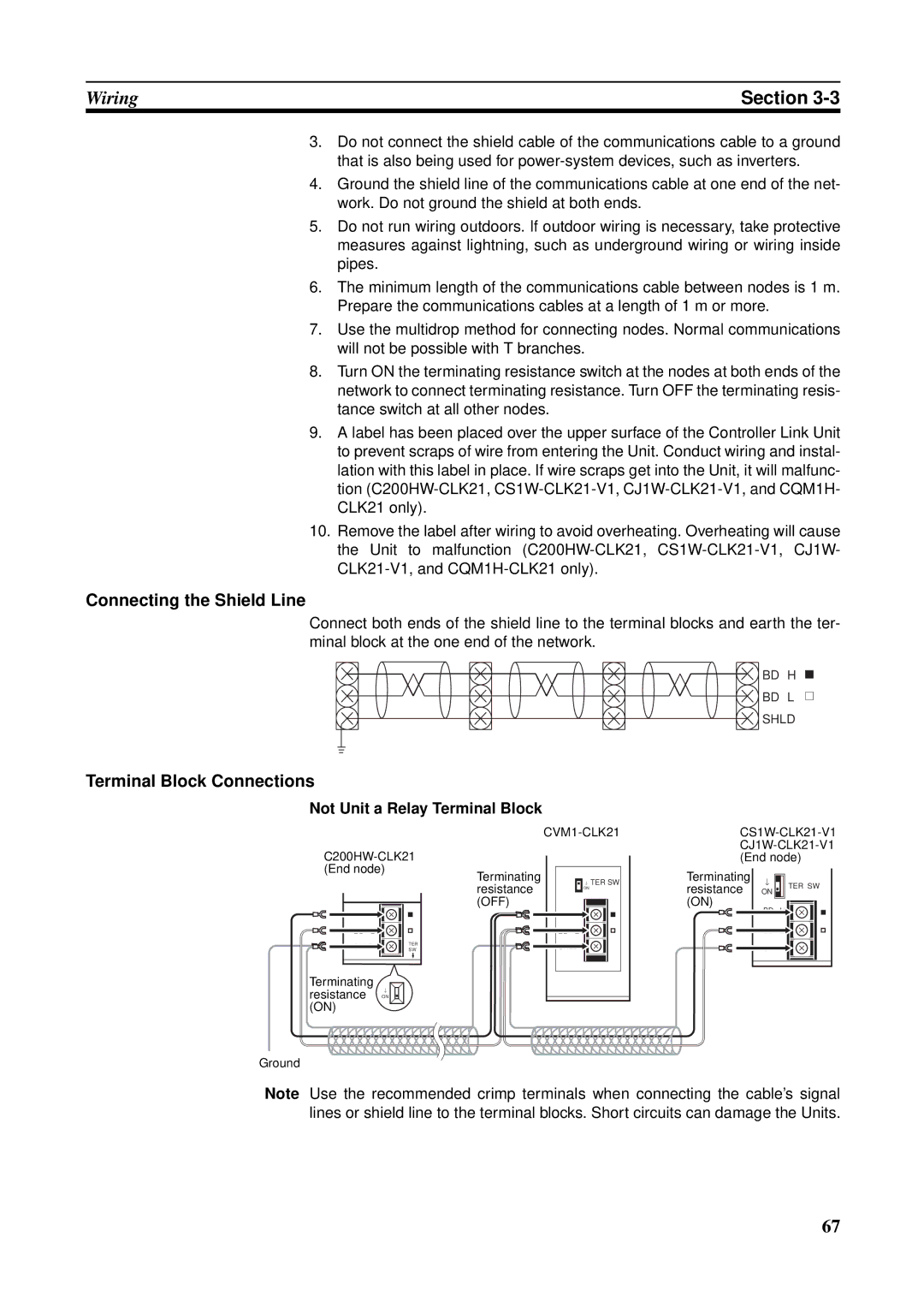 Omron CVM1-CLK21, CS1W-RPT01 Connecting the Shield Line, Terminal Block Connections, Not Unit a Relay Terminal Block 