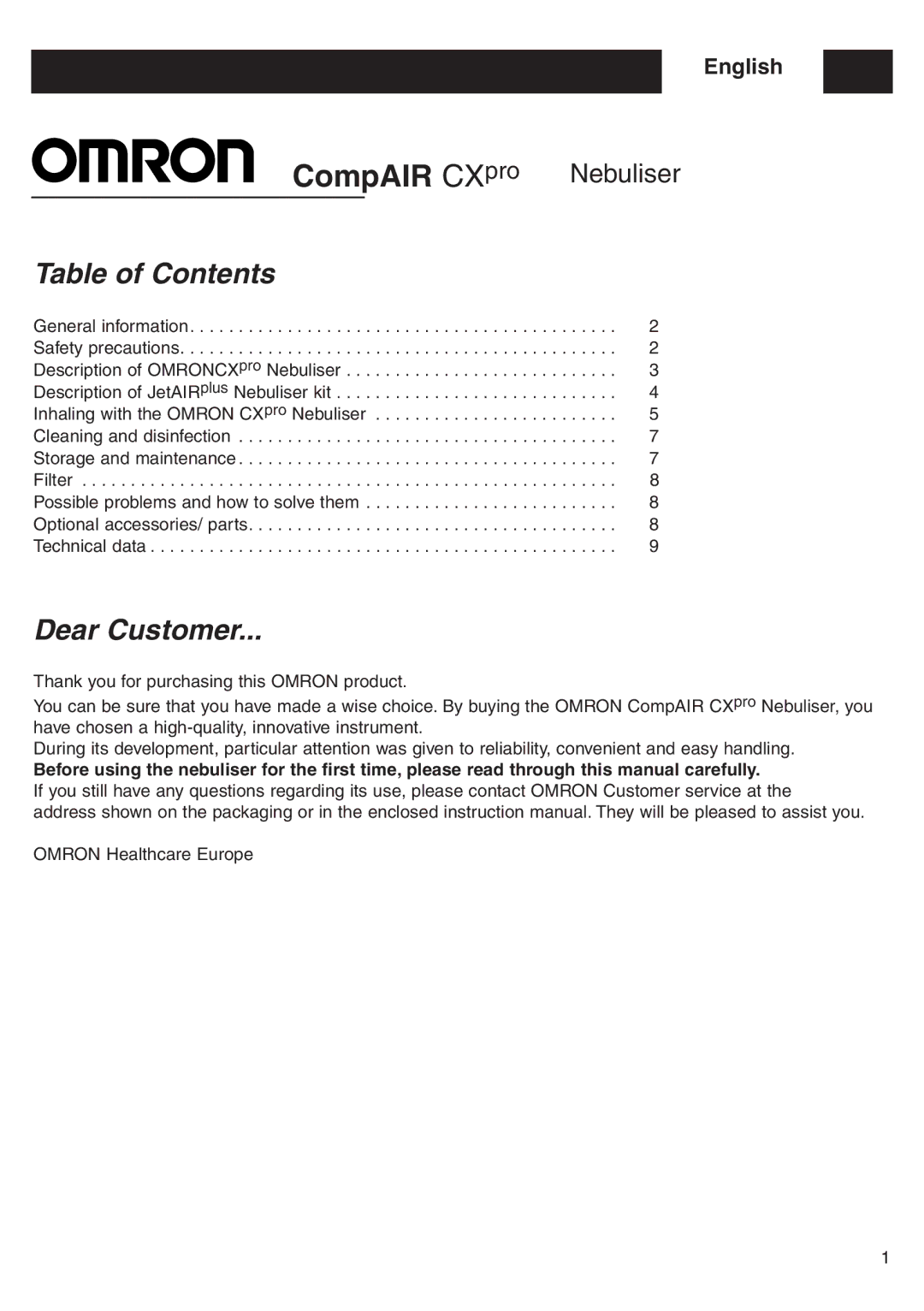 Omron CX Pro instruction manual Table of Contents, Dear Customer 