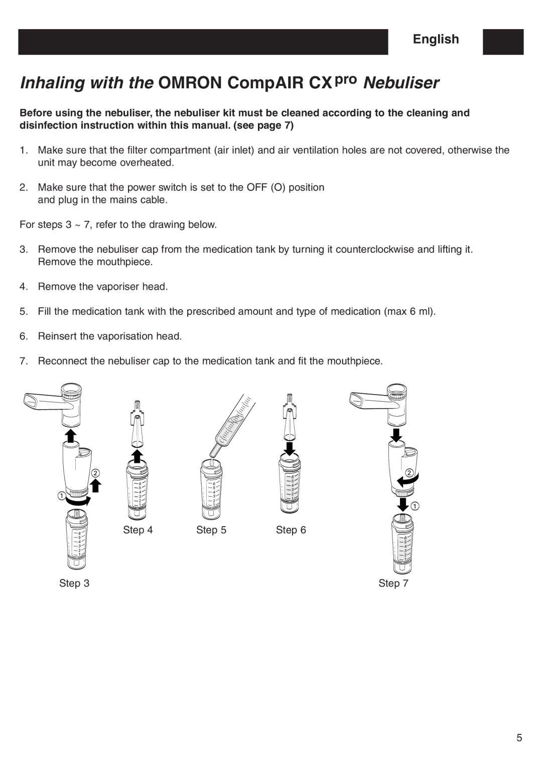 Omron CX Pro instruction manual Inhaling with the Omron CompAIR CX pro Nebuliser 