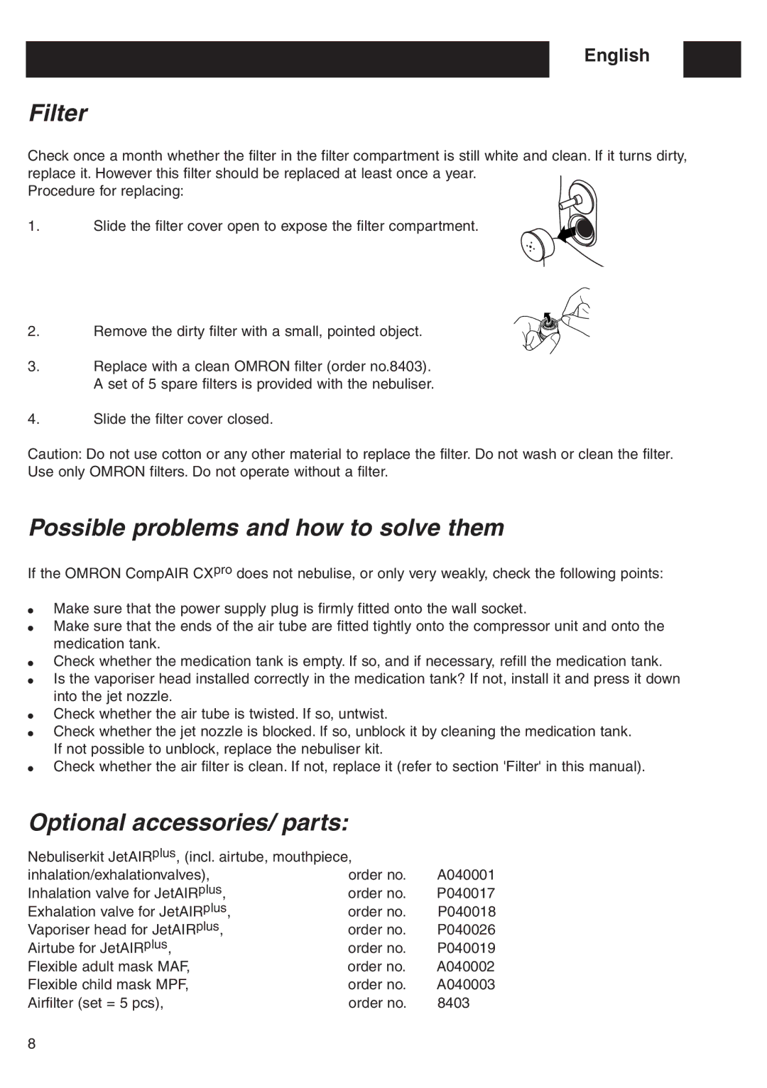 Omron CX Pro instruction manual Filter, Possible problems and how to solve them, Optional accessories/ parts 