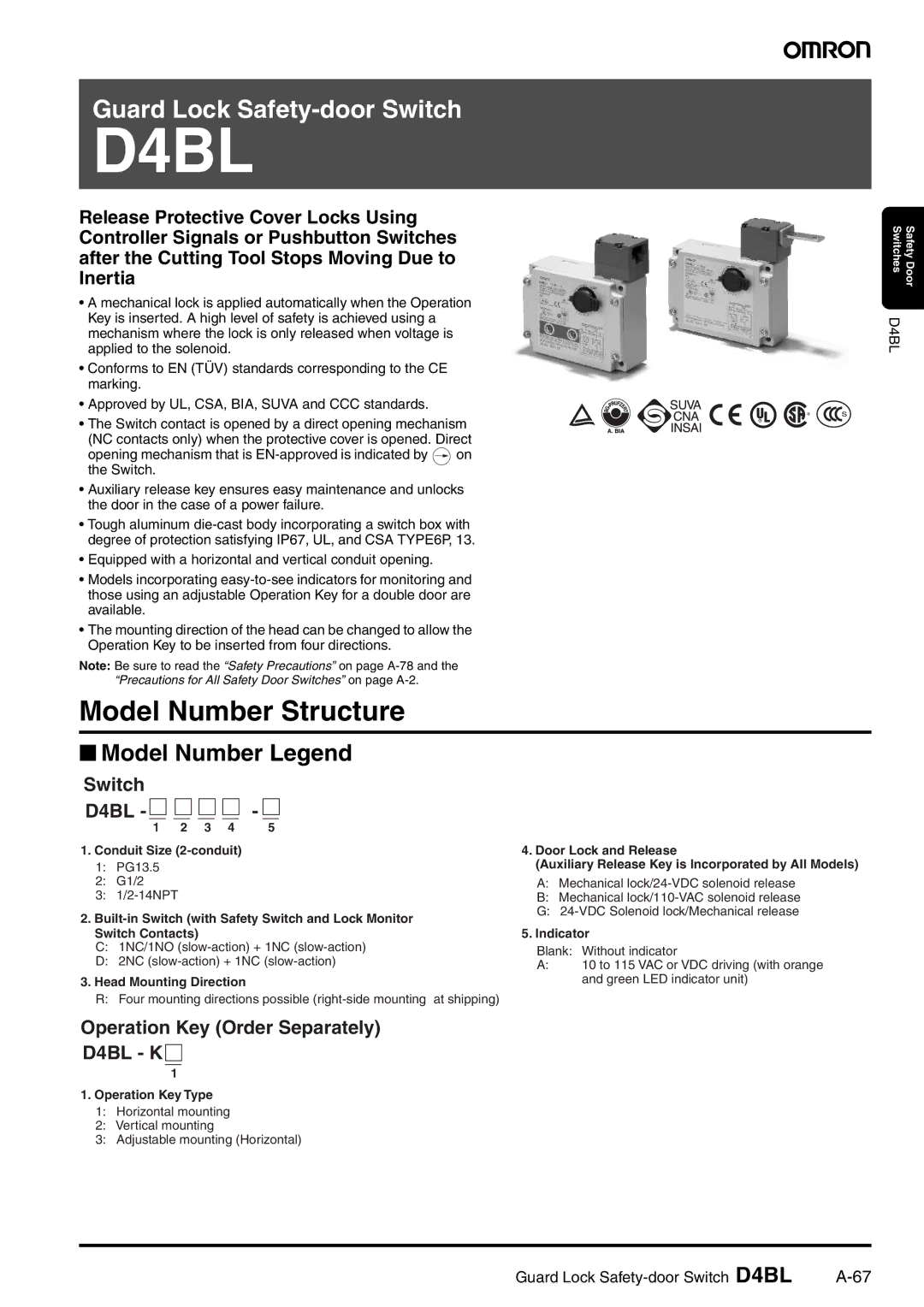 Omron D4BL manual Model Number Structure, Model Number Legend 