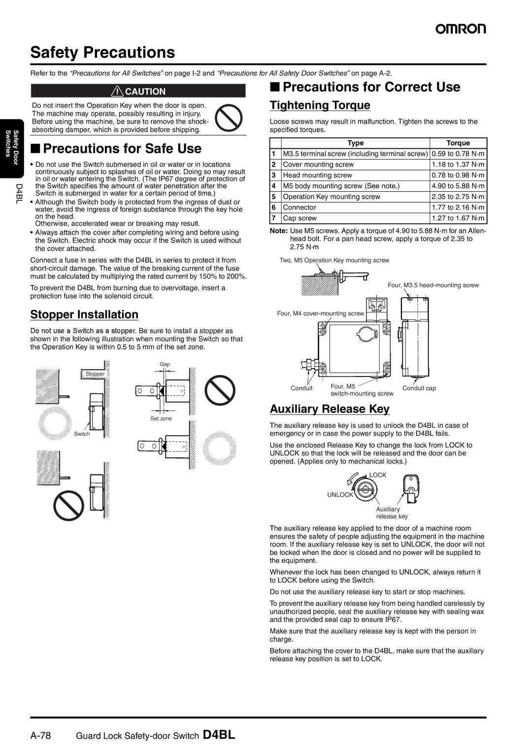 Omron D4BL manual Safety Precautions, Precautions for Safe Use, Precautions for Correct Use 