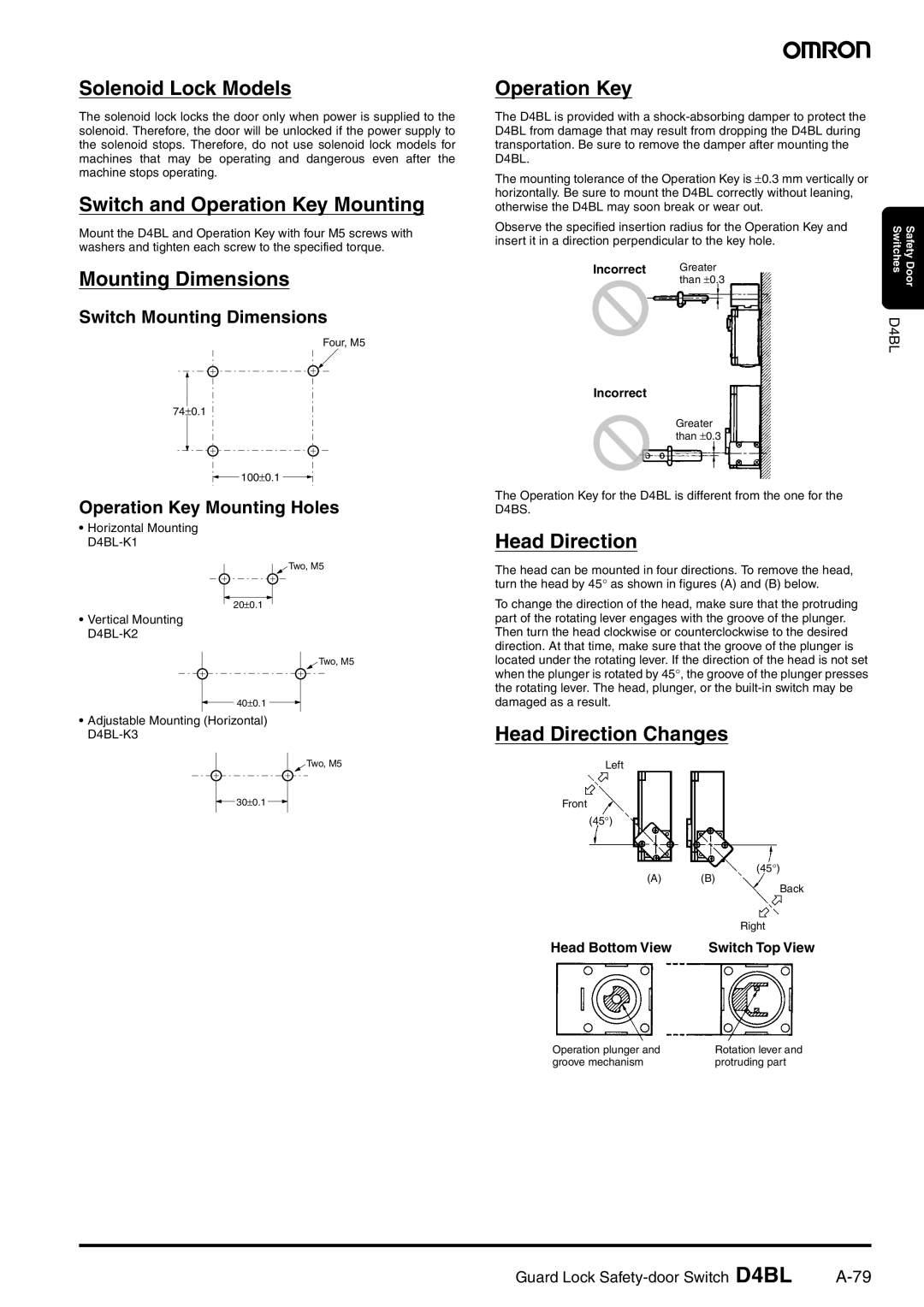 Omron D4BL manual Solenoid Lock Models, Switch and Operation Key Mounting, Mounting Dimensions, Head Direction 