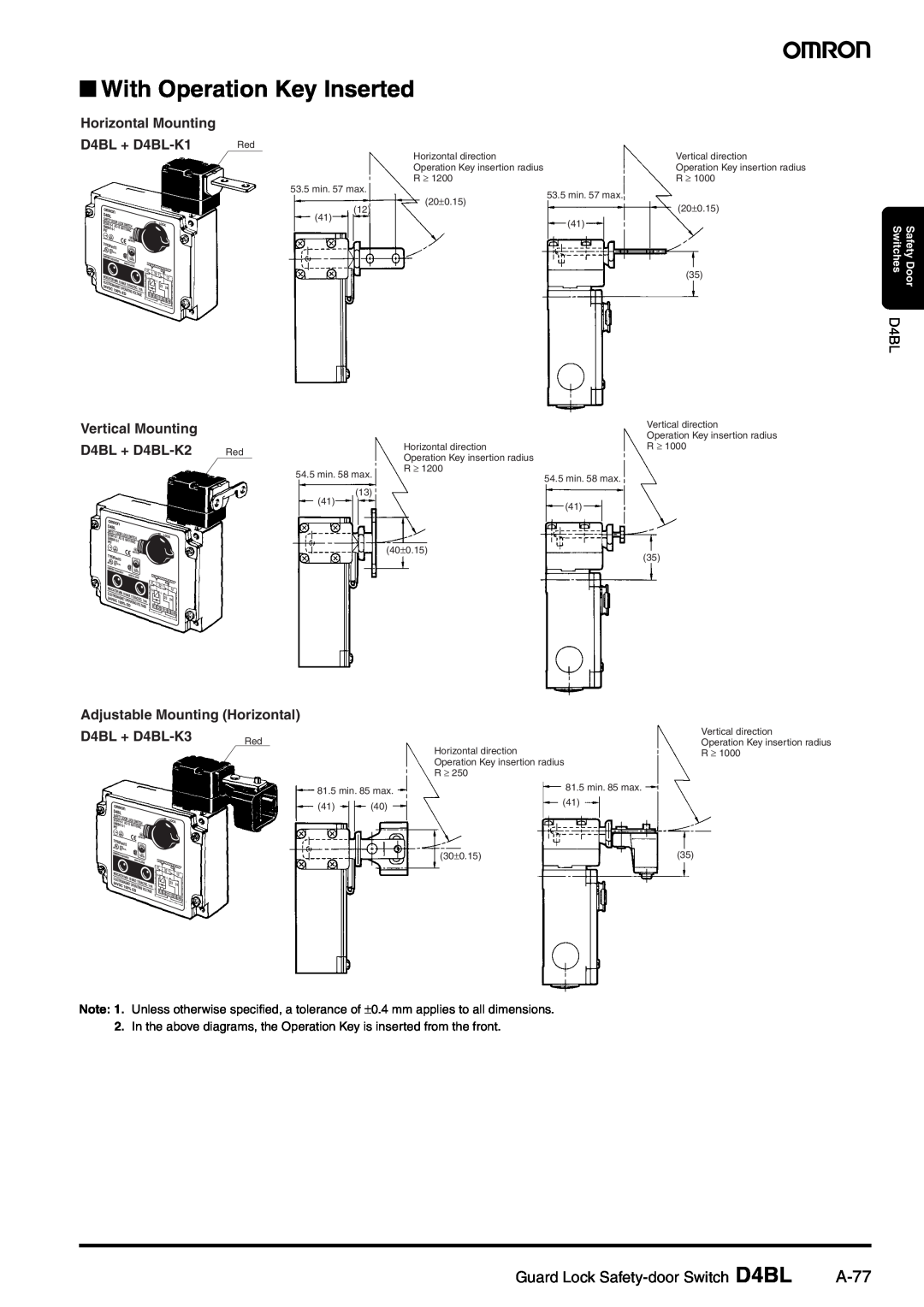 Omron manual With Operation Key Inserted, A-77, Horizontal Mounting D4BL + D4BL-K1 Vertical Mounting D4BL + D4BL-K2 
