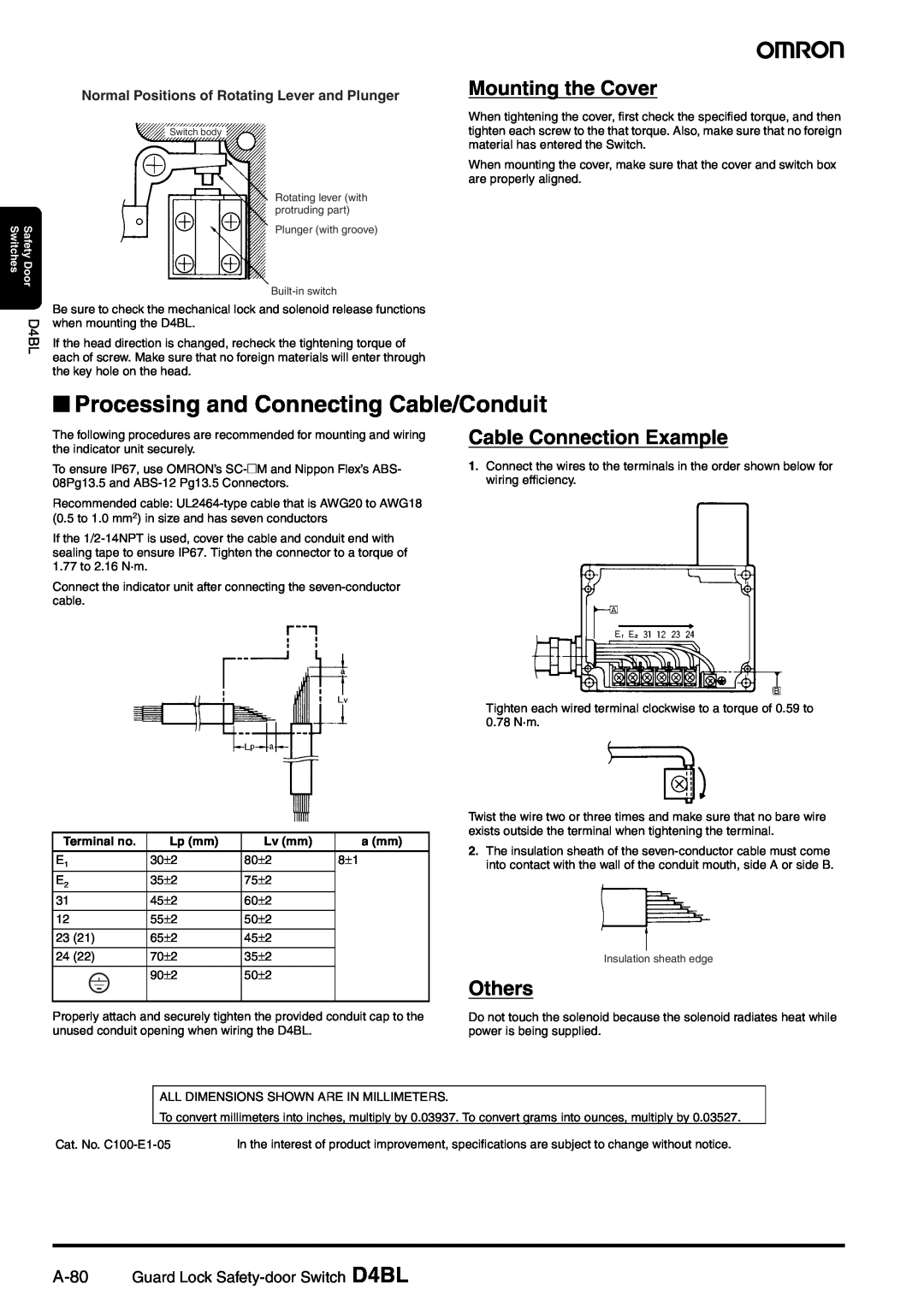 Omron D4BL manual Processing and Connecting Cable/Conduit, Mounting the Cover, Cable Connection Example, Others 