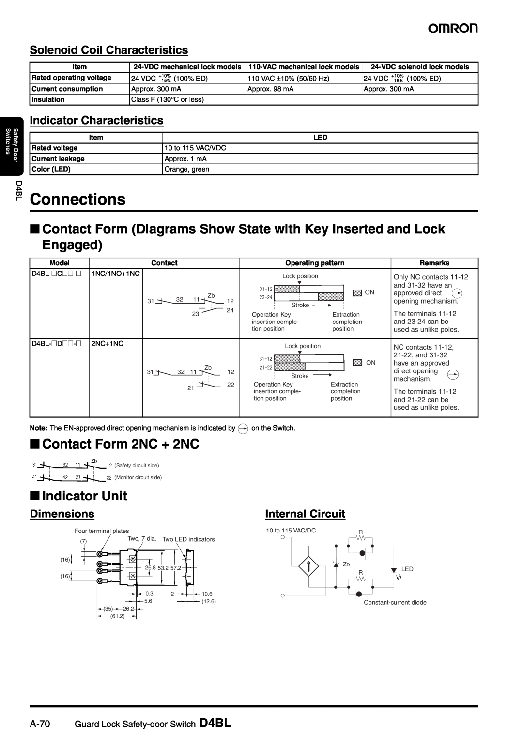 Omron D4BL manual Connections, Contact Form Diagrams Show State with Key Inserted and Lock Engaged, Contact Form 2NC + 2NC 