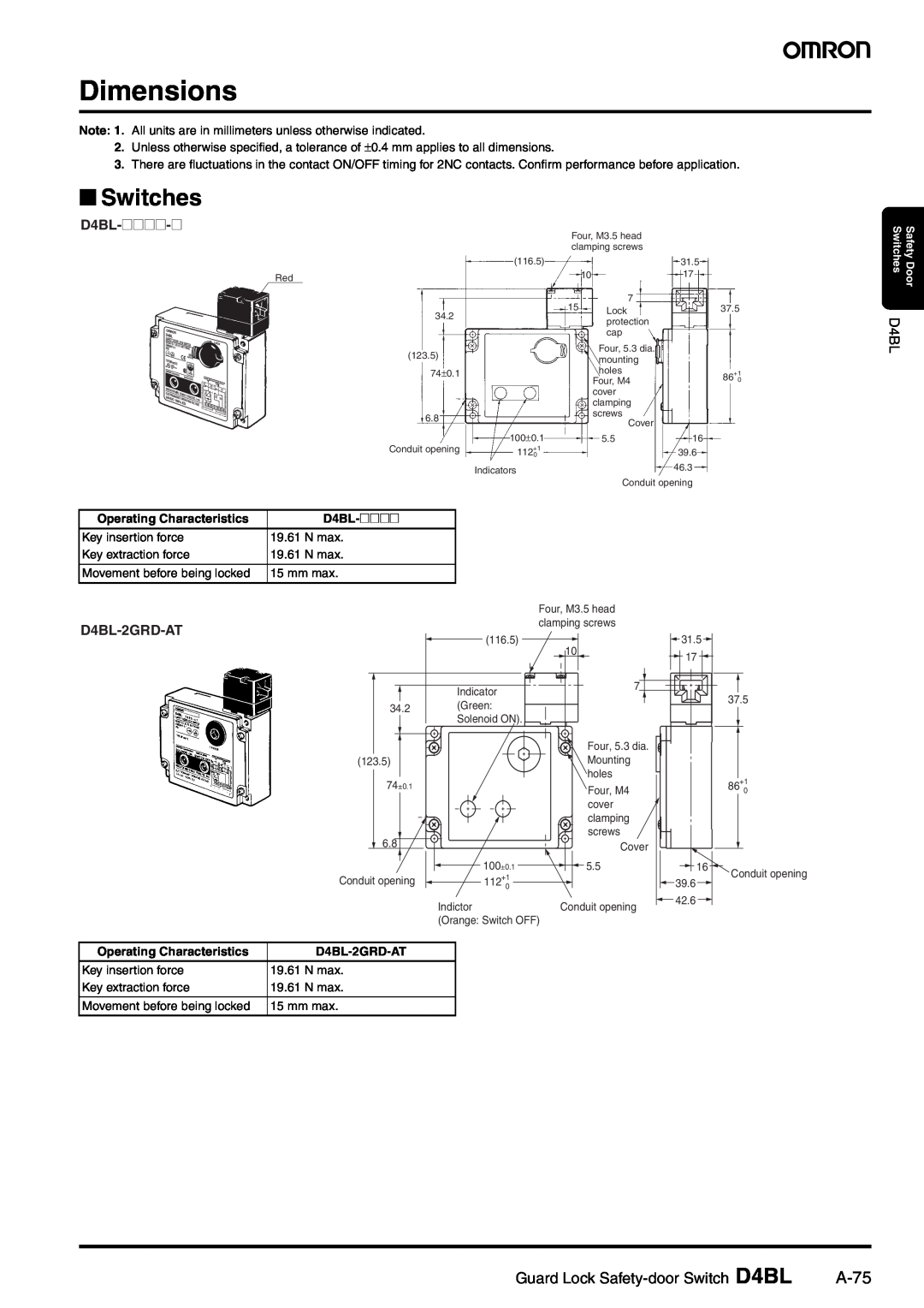 Omron manual Dimensions, Switches, A-75, D4BL-@@@@-@, D4BL-2GRD-AT, Guard Lock Safety-door Switch D4BL 