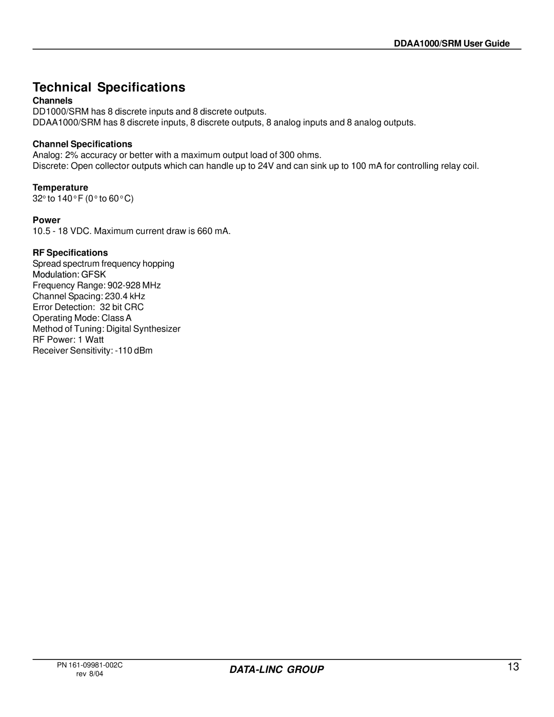 Omron DDAA1000/SRM manual Technical Specifications 