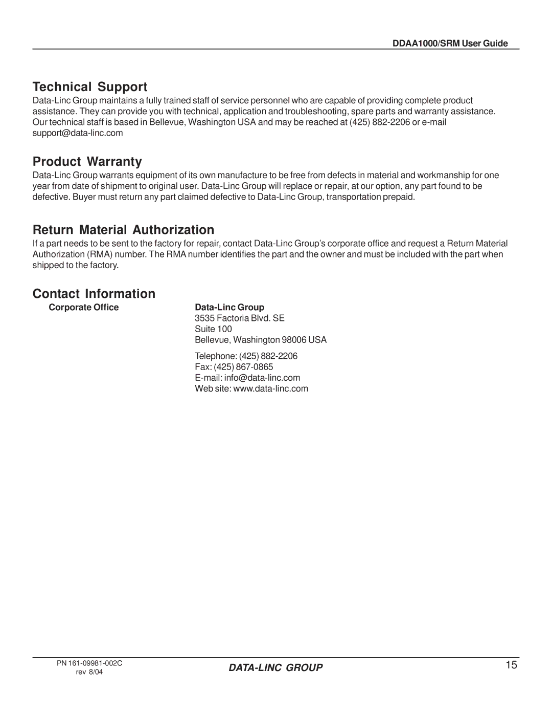 Omron DDAA1000/SRM manual Technical Support, Product Warranty, Return Material Authorization, Contact Information 