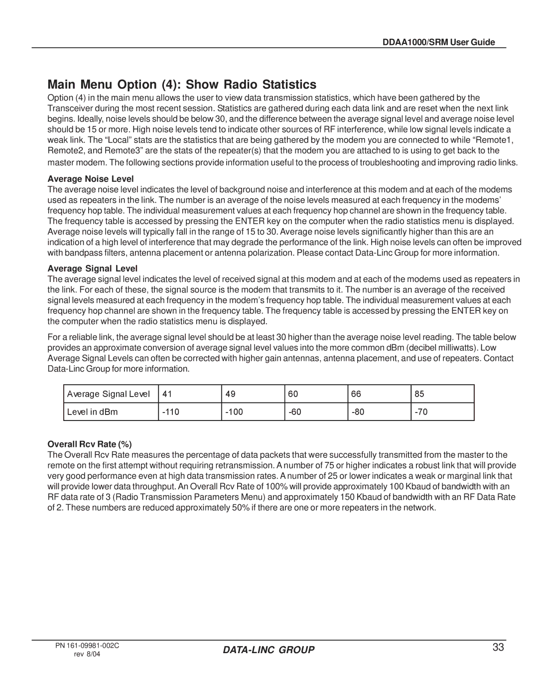 Omron DDAA1000/SRM Main Menu Option 4 Show Radio Statistics, Average Noise Level, Average Signal Level, Overall Rcv Rate % 