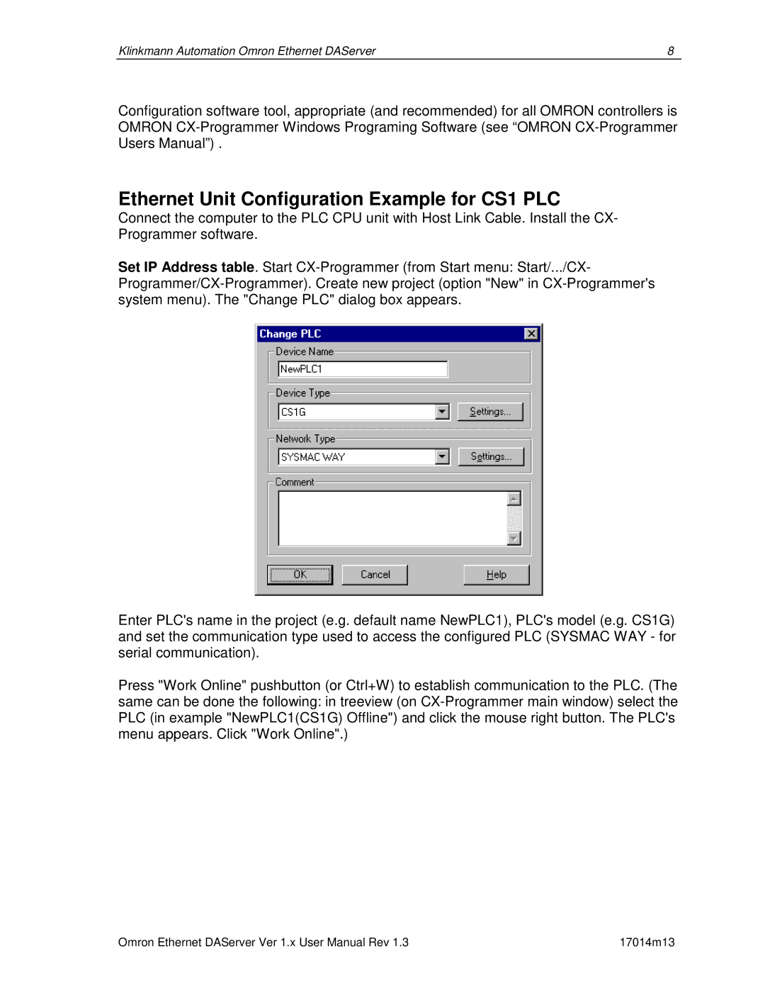 Omron DR 170 14 manual Ethernet Unit Configuration Example for CS1 PLC 