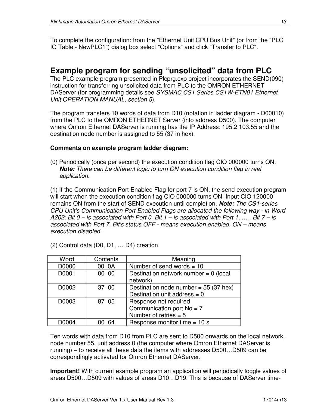 Omron DR 170 14 manual Example program for sending unsolicited data from PLC, Comments on example program ladder diagram 