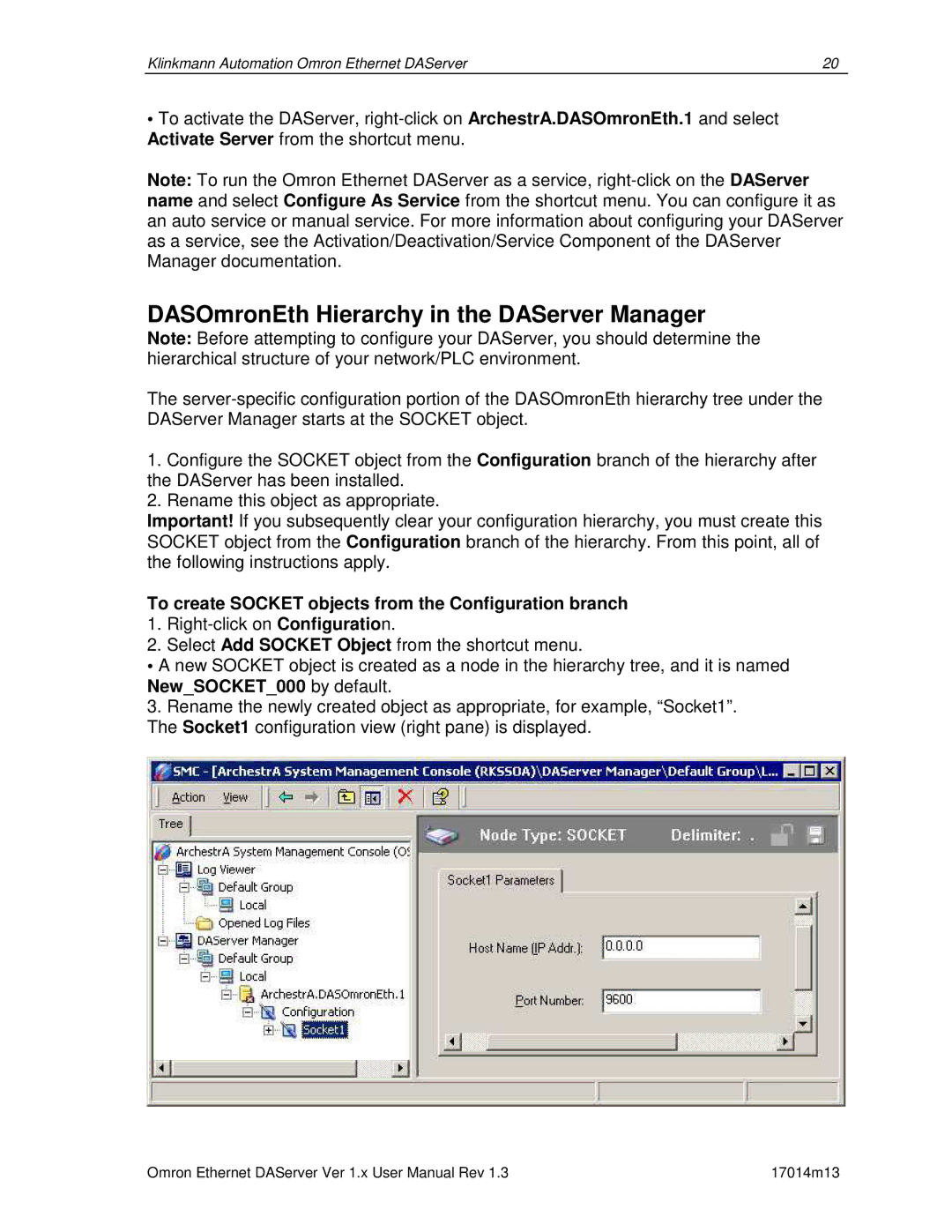 Omron DR 170 14 DASOmronEth Hierarchy in the DAServer Manager, To create Socket objects from the Configuration branch 