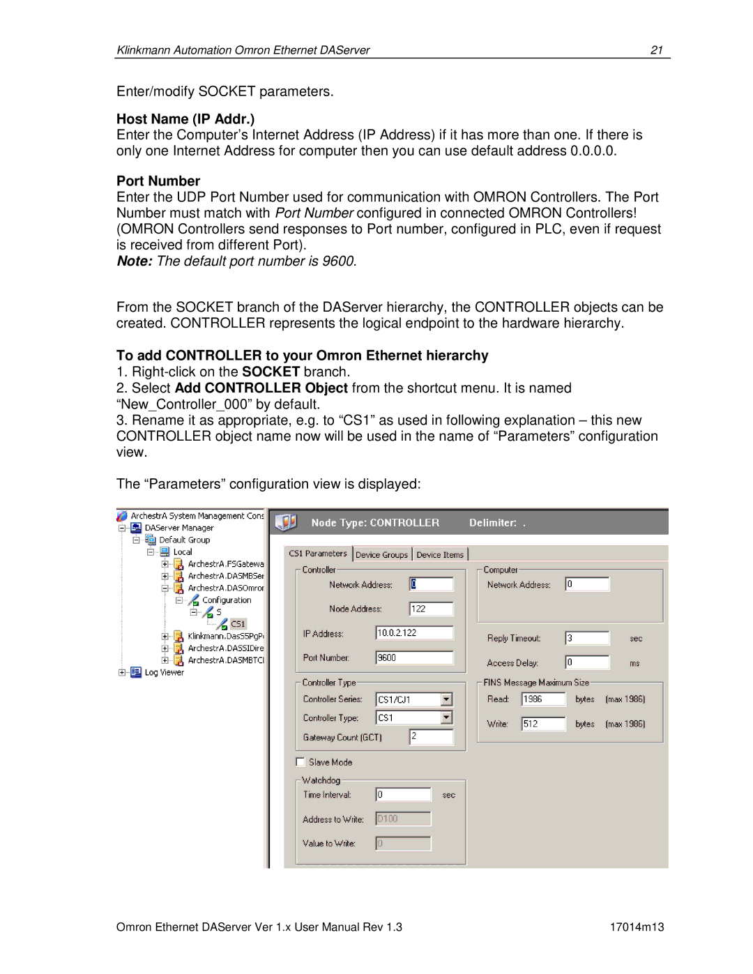 Omron DR 170 14 manual Host Name IP Addr, Port Number, To add Controller to your Omron Ethernet hierarchy 