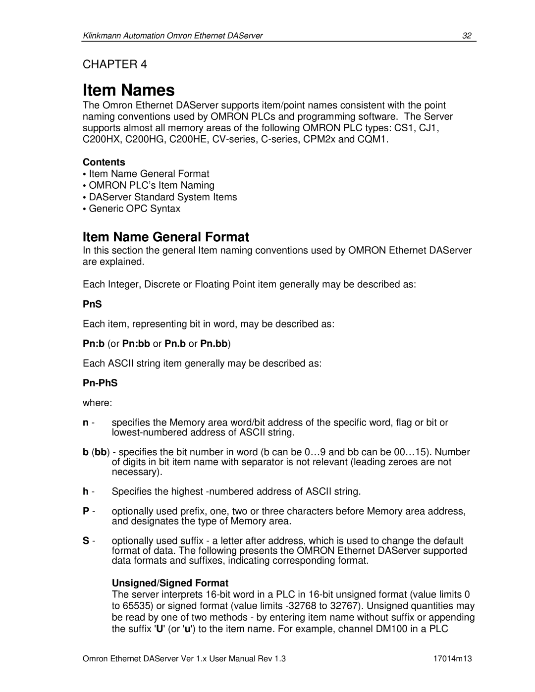 Omron DR 170 14 manual Item Name General Format, PnS, Pnb or Pnbb or Pn.b or Pn.bb, Pn-PhS, Unsigned/Signed Format 