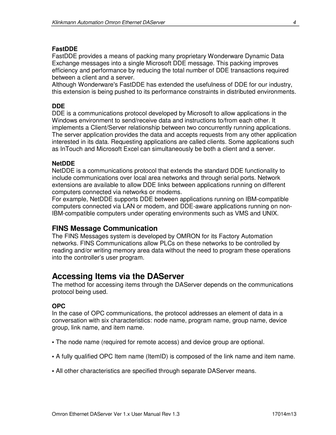 Omron DR 170 14 manual Accessing Items via the DAServer, Fins Message Communication, FastDDE, NetDDE 