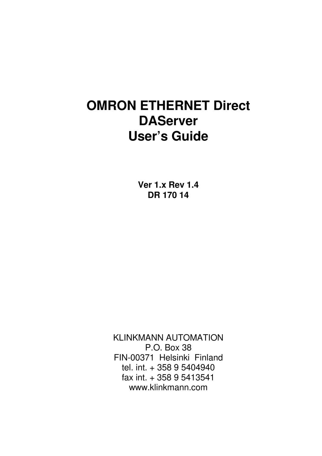 Omron DR 170 14 manual Omron Ethernet Direct DAServer User’s Guide, Ver 1.x Rev DR 170 