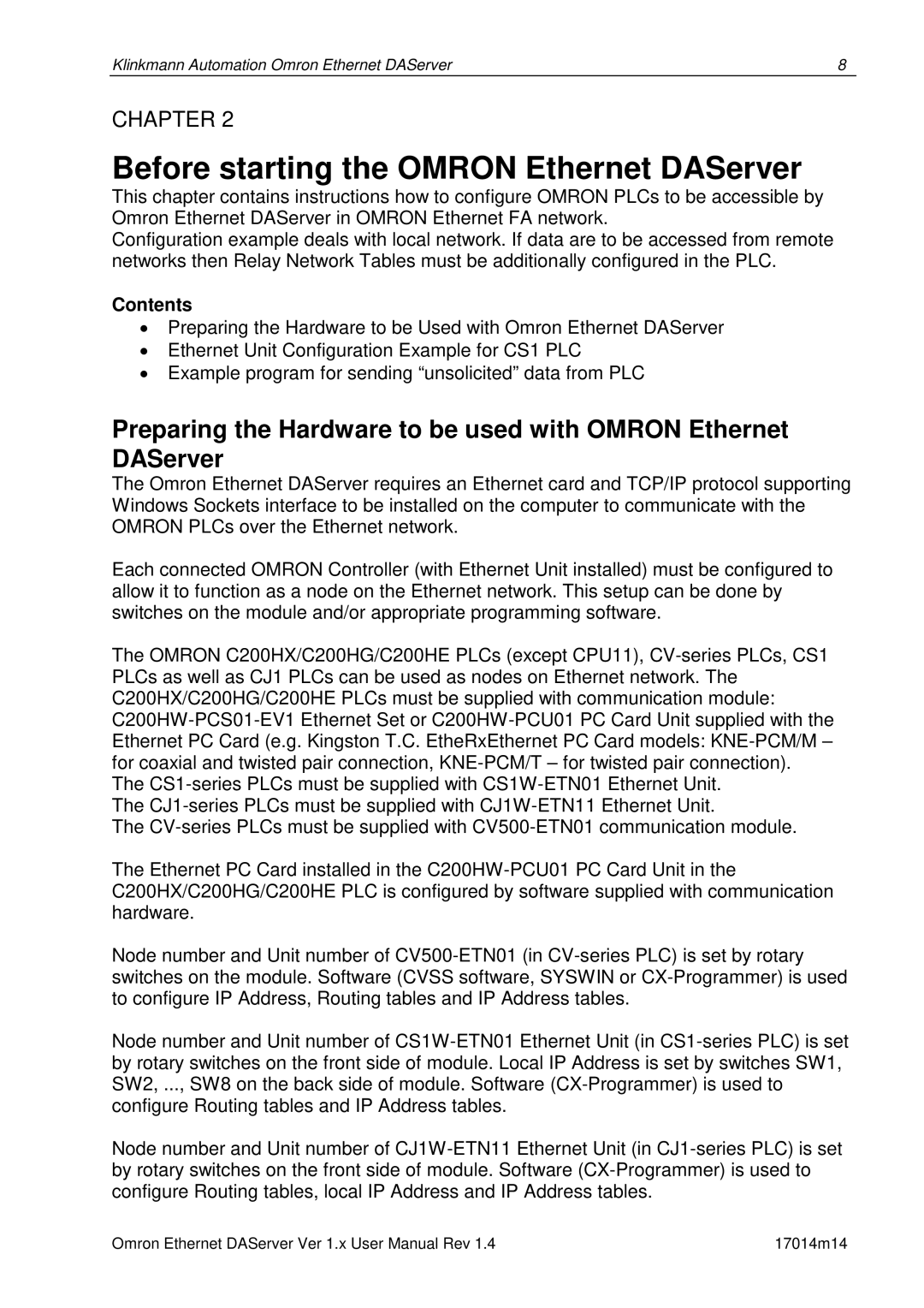 Omron DR 170 14 manual Before starting the Omron Ethernet DAServer 