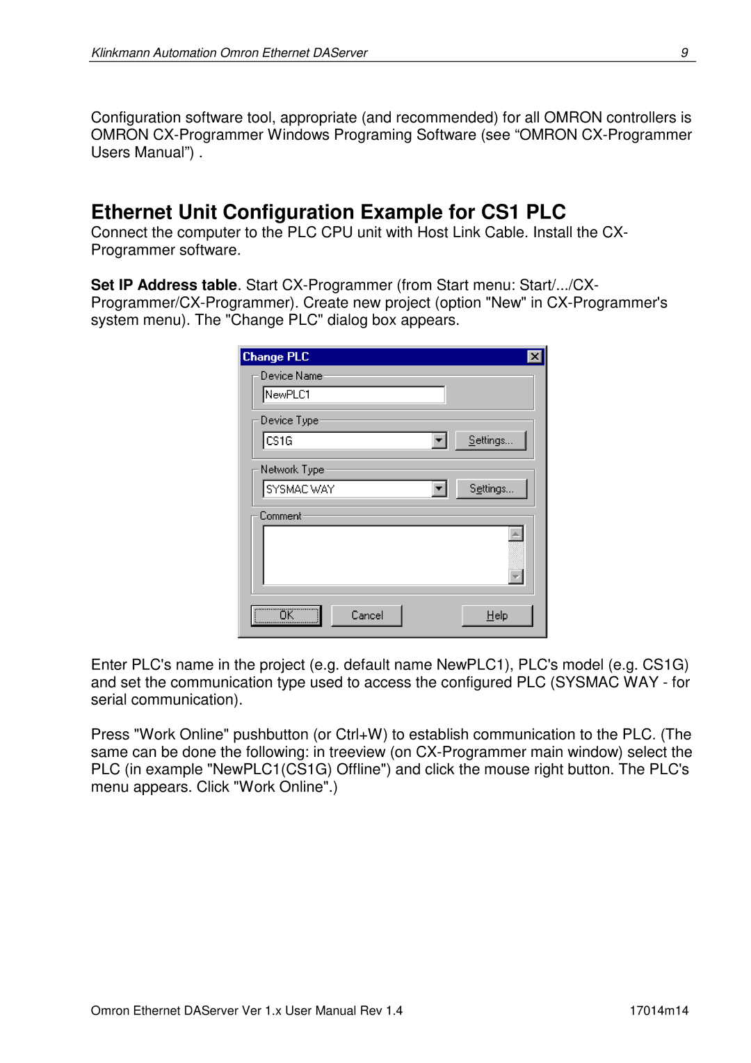 Omron DR 170 14 manual Ethernet Unit Configuration Example for CS1 PLC 