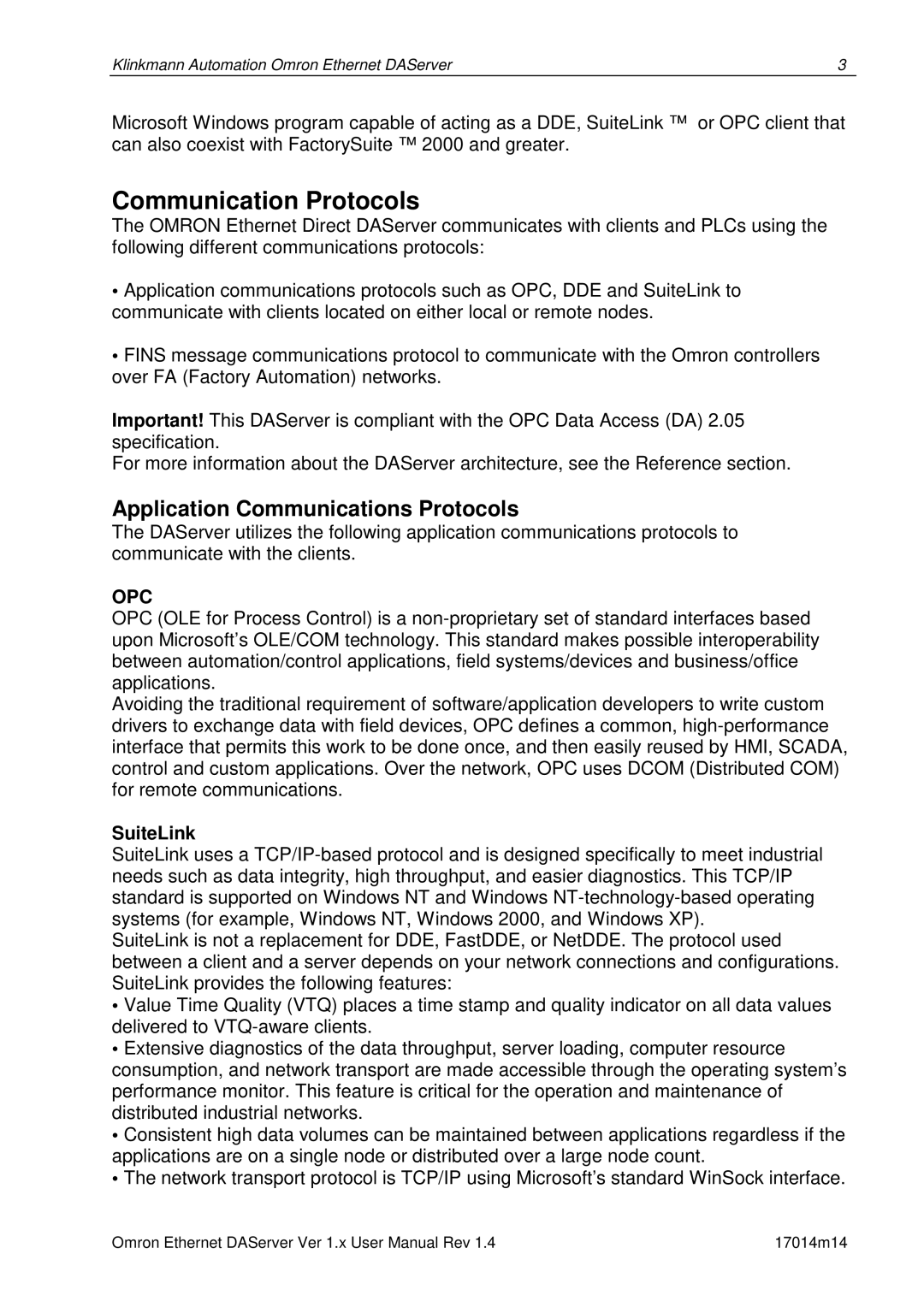 Omron DR 170 14 manual Communication Protocols, Application Communications Protocols, SuiteLink 