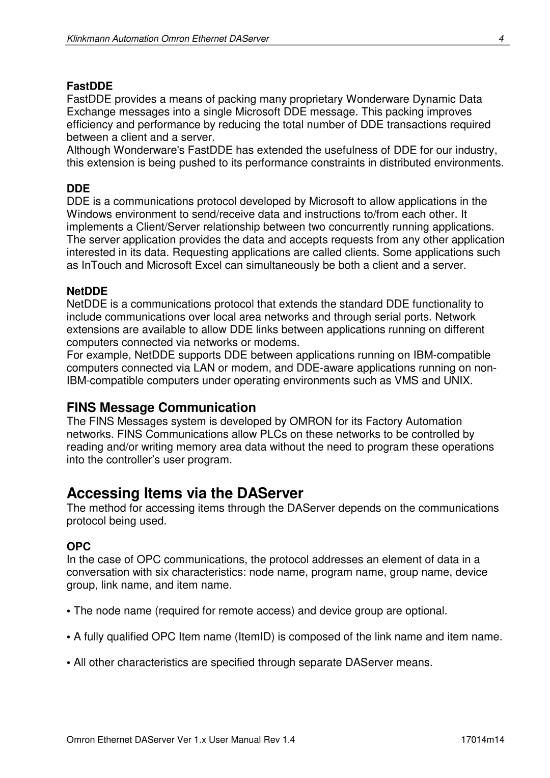 Omron DR 170 14 manual Accessing Items via the DAServer, Fins Message Communication, FastDDE, NetDDE 