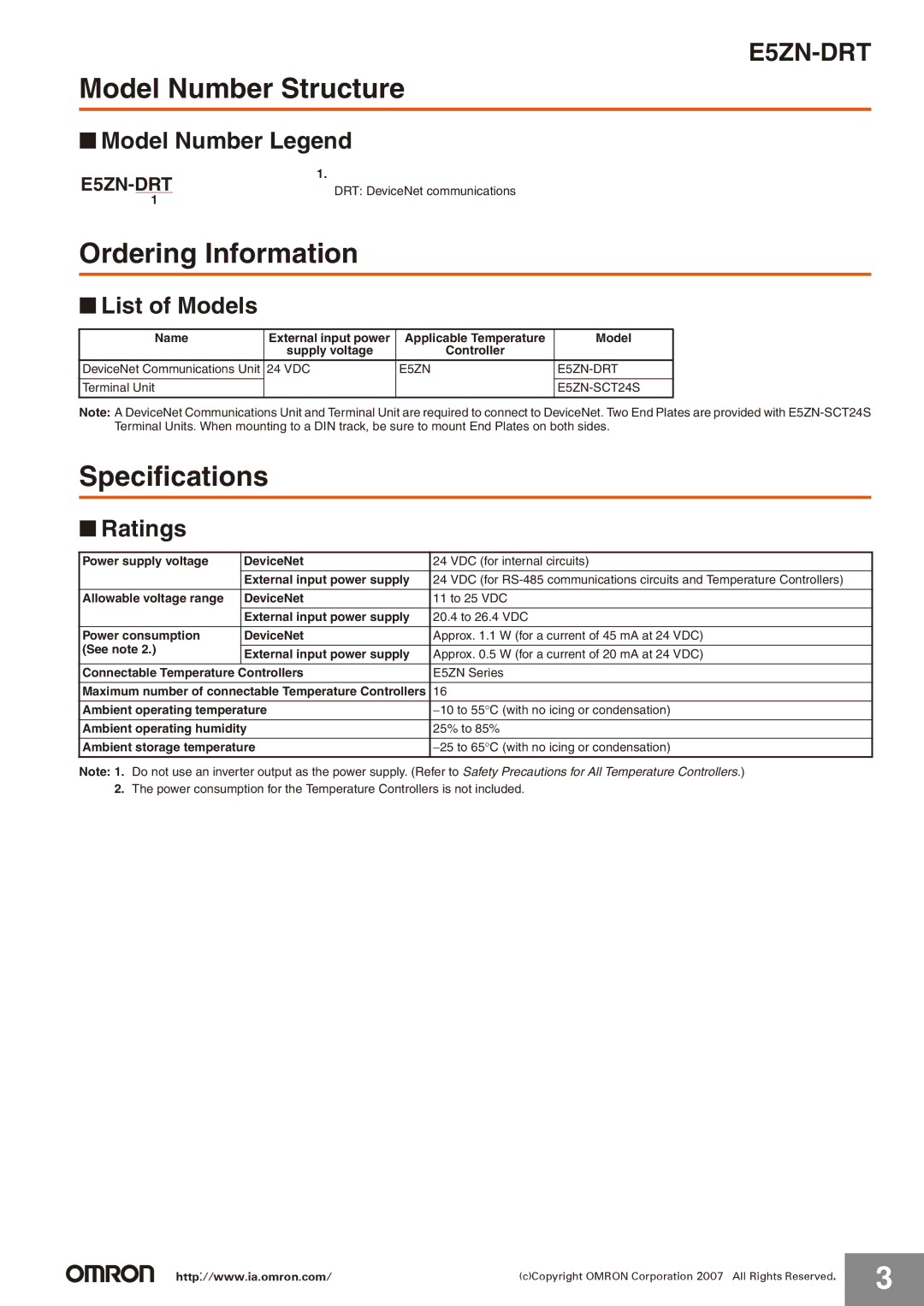 Omron E5ZN-DRT manual Model Number Structure, Ordering Information, Specifications 