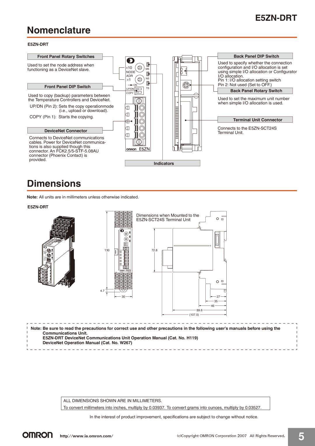 Omron E5ZN-DRT manual Nomenclature, Dimensions 