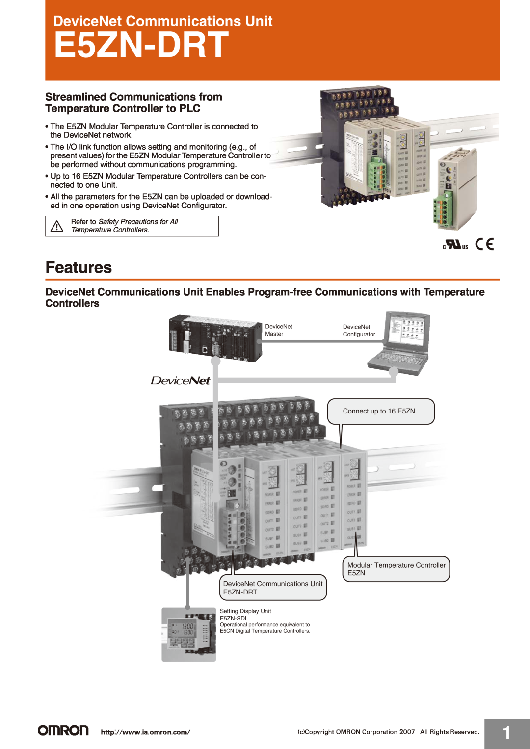 Omron E5ZN-DRT manual Features, Streamlined Communications from Temperature Controller to PLC 