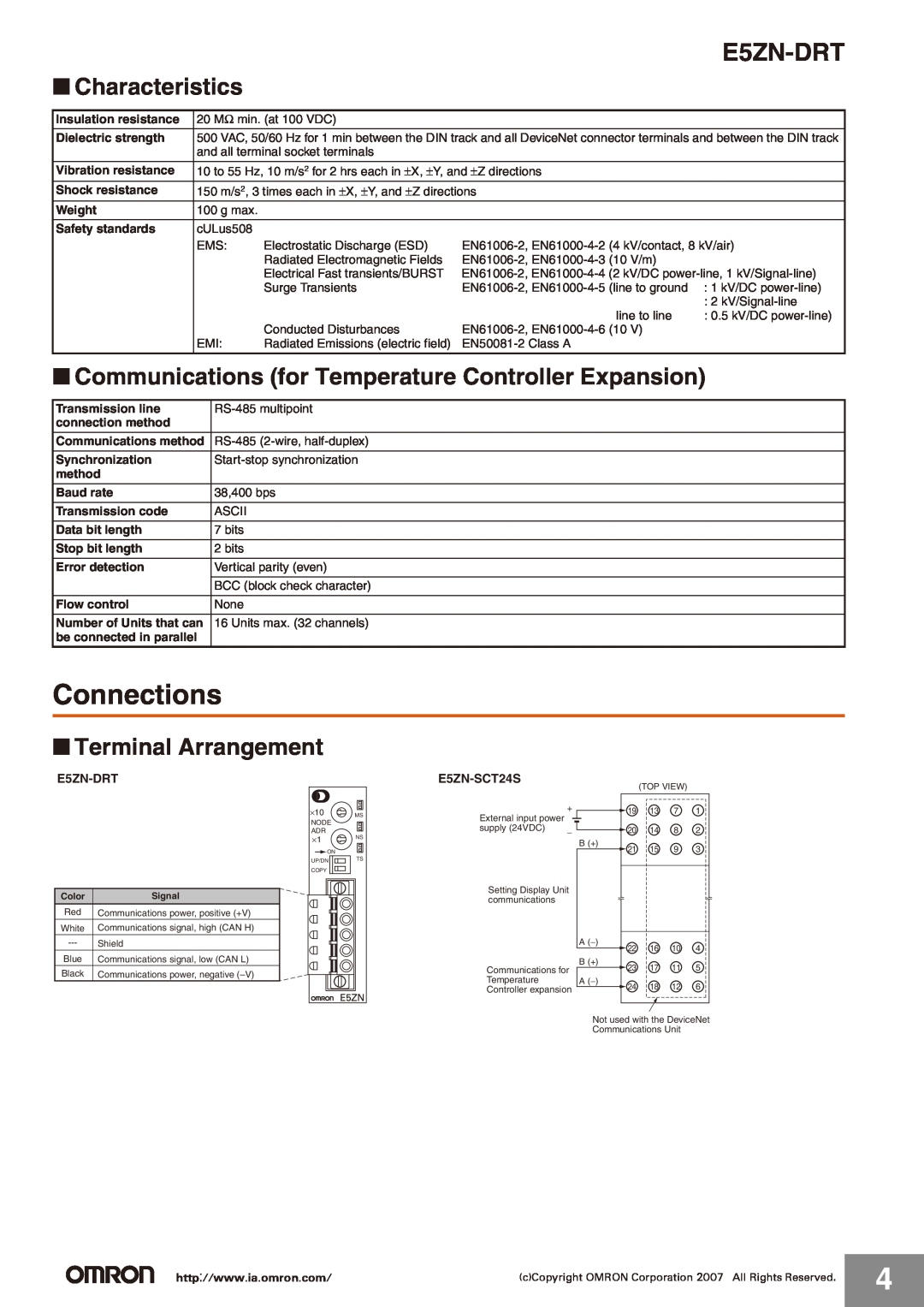 Omron E5ZN-DRT Connections, Characteristics, Communications for Temperature Controller Expansion, Terminal Arrangement 