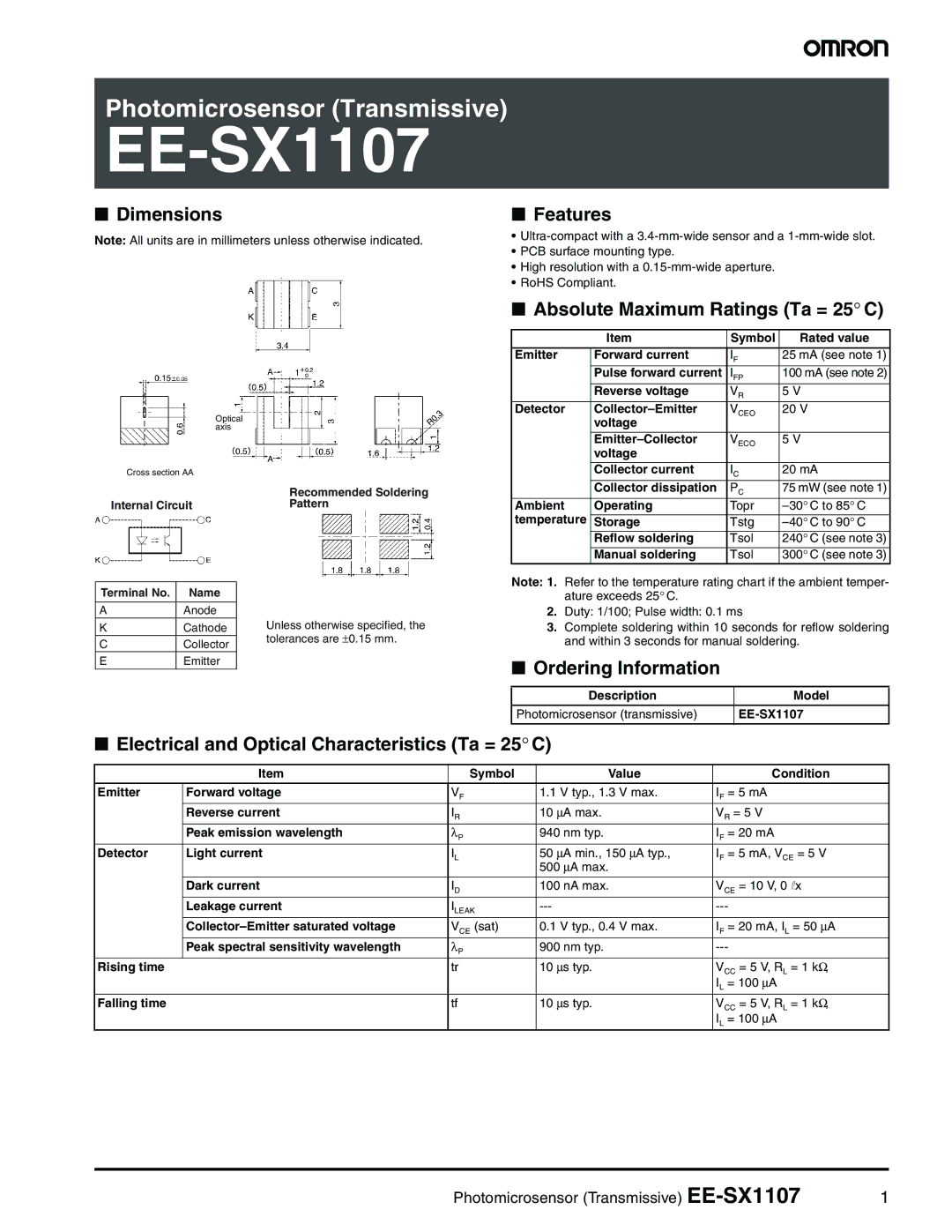 Omron EE-SX1107 dimensions Dimensions, Features, Absolute Maximum Ratings Ta = 25 C, Ordering Information 