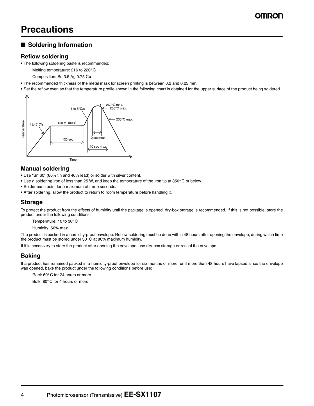 Omron EE-SX1107 dimensions Precautions, Soldering Information 