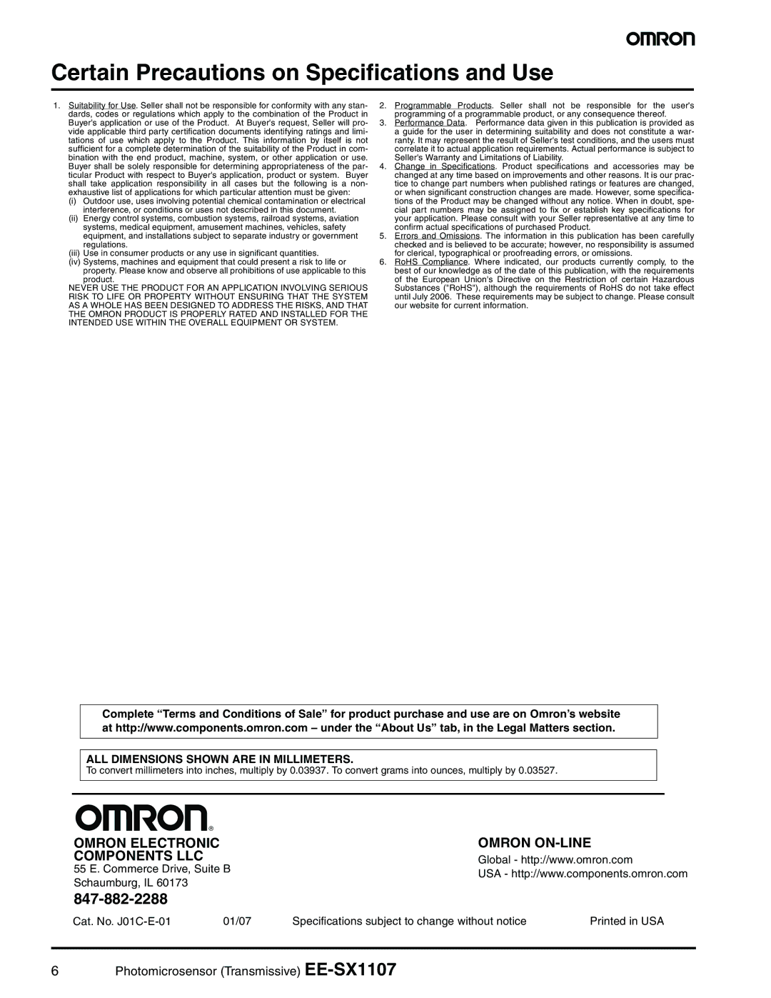 Omron EE-SX1107 dimensions Certain Precautions on Specifications and Use, Product 