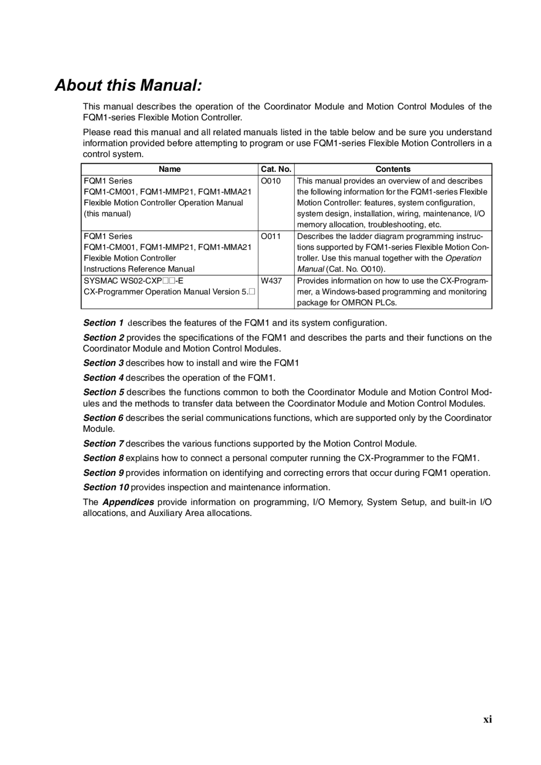 Omron FQM1-MMA21, FQM1-CM001, FQM1-MMP21 operation manual About this Manual, Name Cat. No Contents 