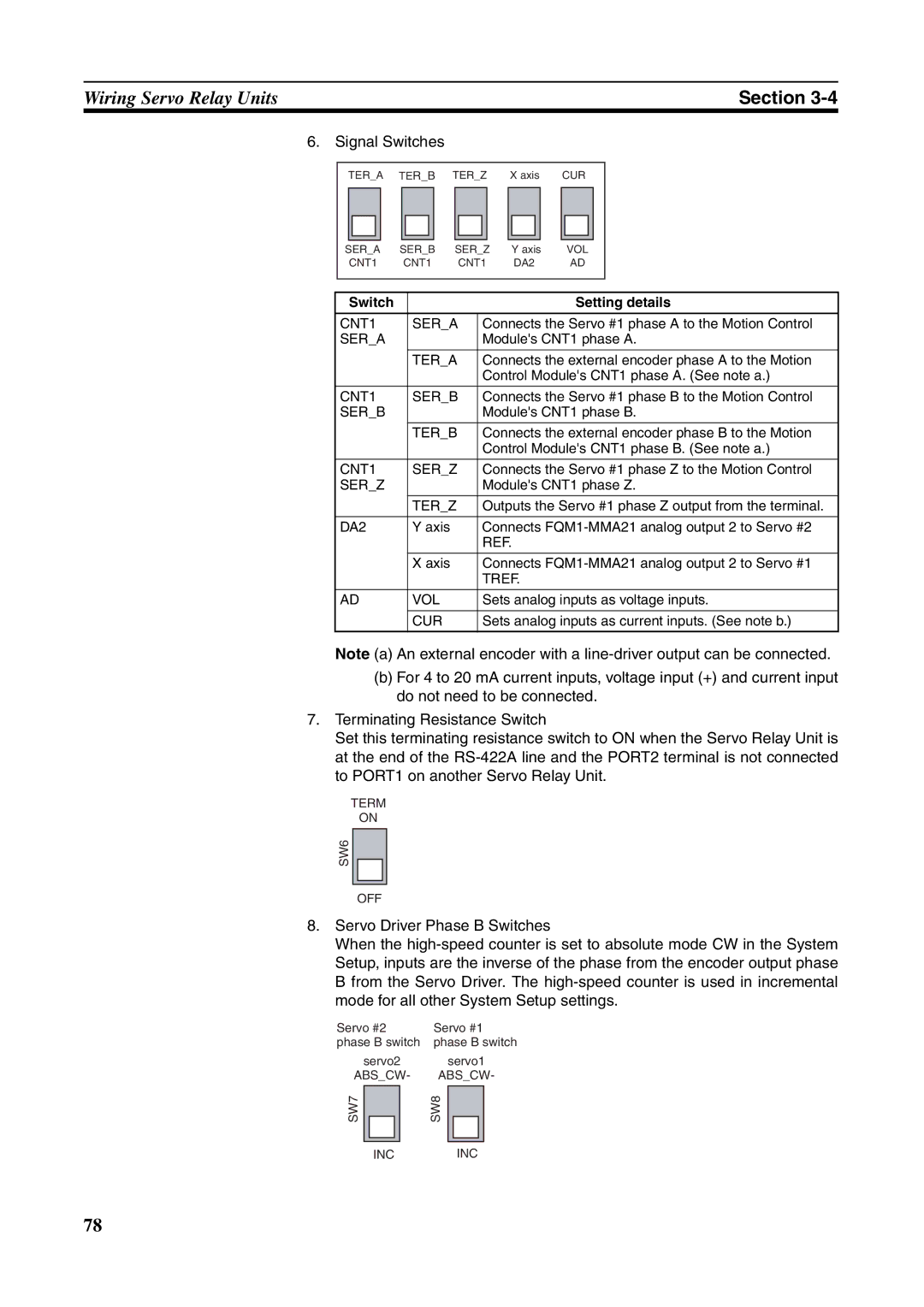 Omron FQM1-MMP21, FQM1-CM001, FQM1-MMA21 operation manual Signal Switches, Switch Setting details 