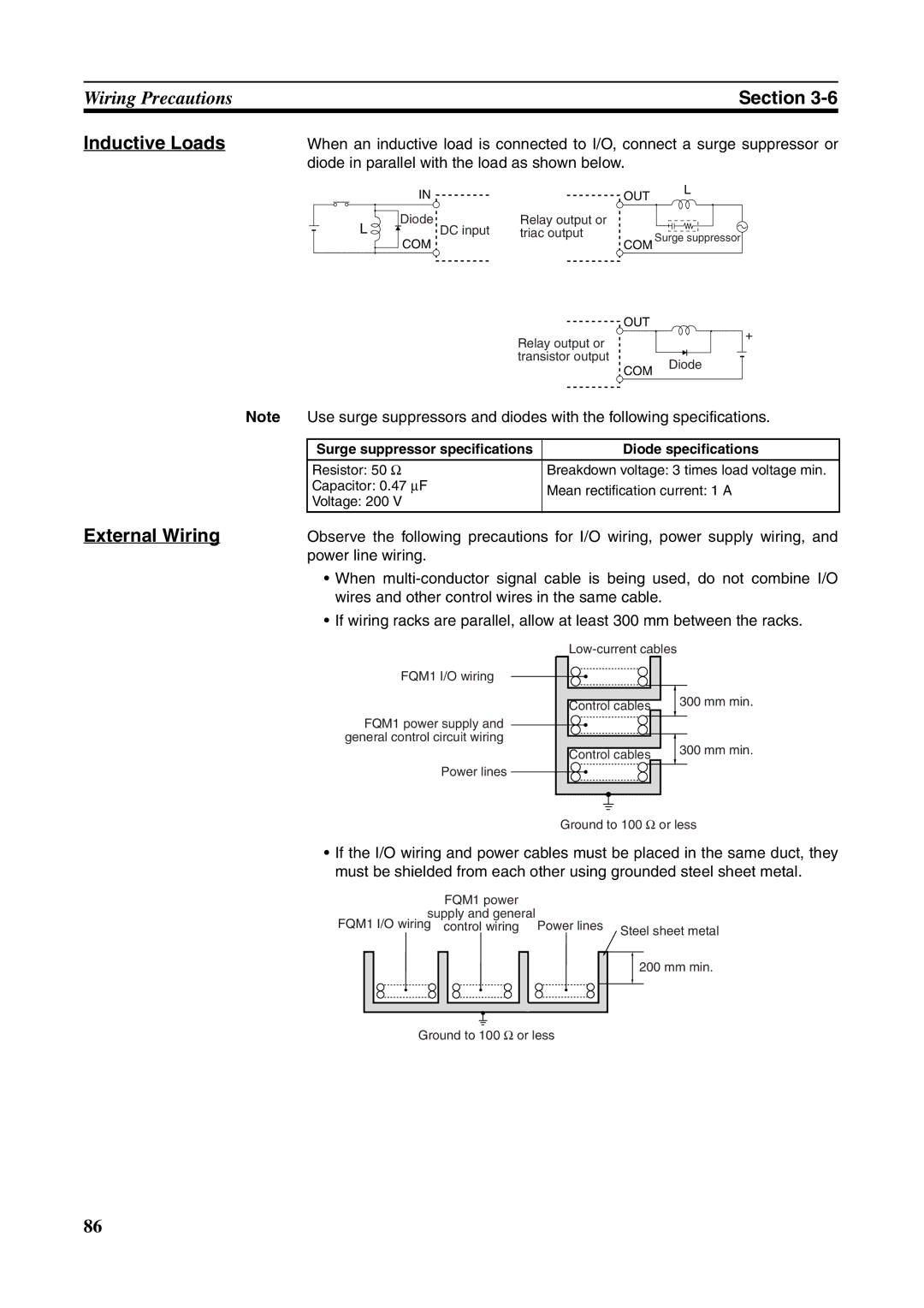 Omron FQM1-MMA21 Inductive Loads, External Wiring, Surge suppressor specifications Diode specifications, Out, Com 