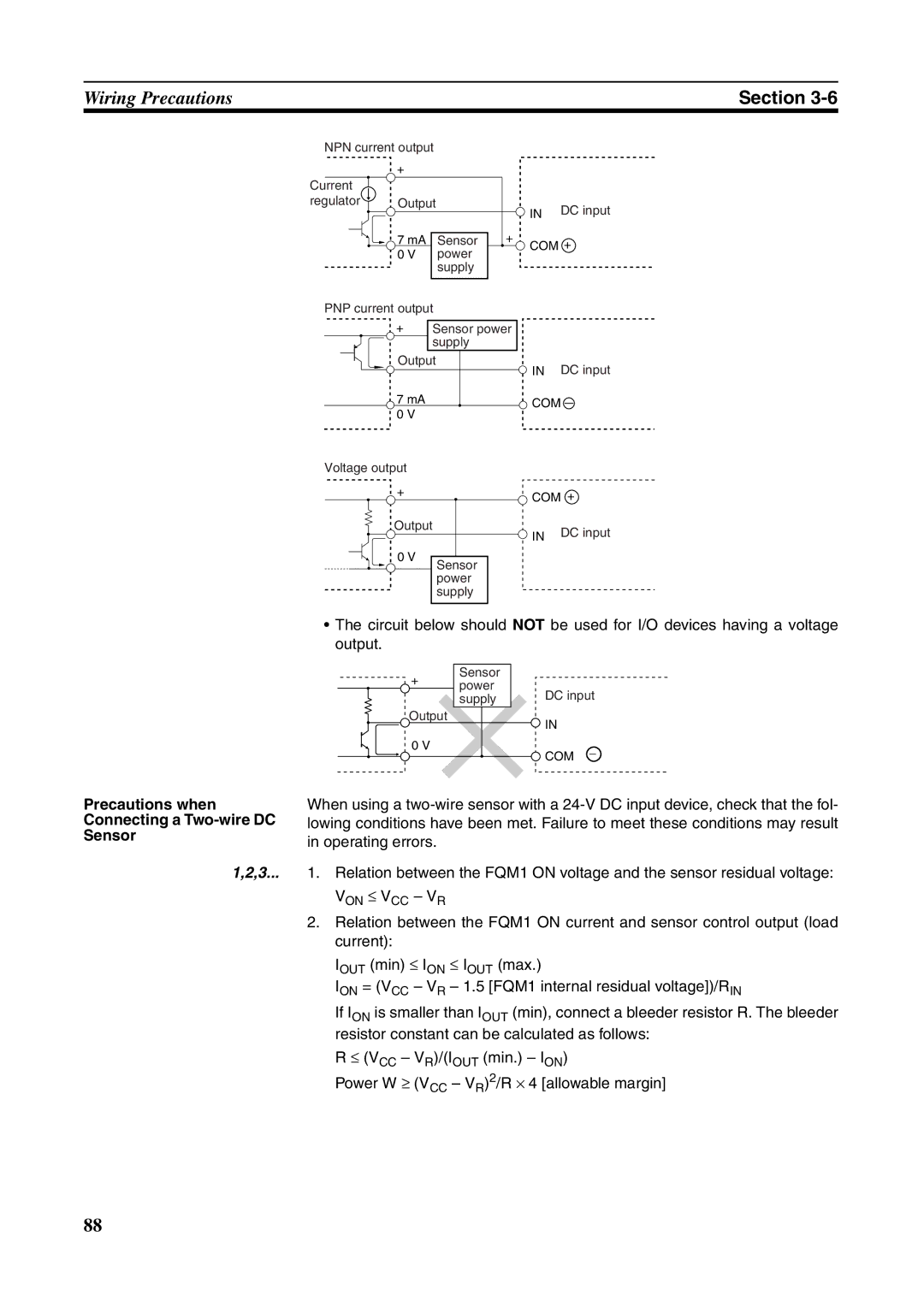 Omron FQM1-CM001, FQM1-MMA21, FQM1-MMP21 operation manual Precautions when Connecting a Two-wire DC Sensor, Von ≤ Vcc Vr 