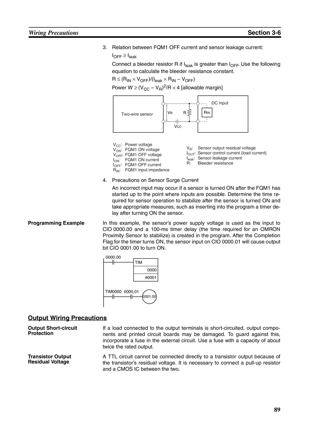 Omron FQM1-MMA21 Output Wiring Precautions, Output Short-circuit Protection, Transistor Output, Residual Voltage 