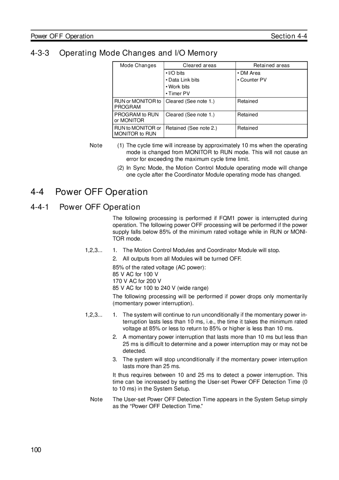 Omron FQM1-CM001 Power OFF Operation, Operating Mode Changes and I/O Memory, Mode Changes Cleared areas Retained areas 