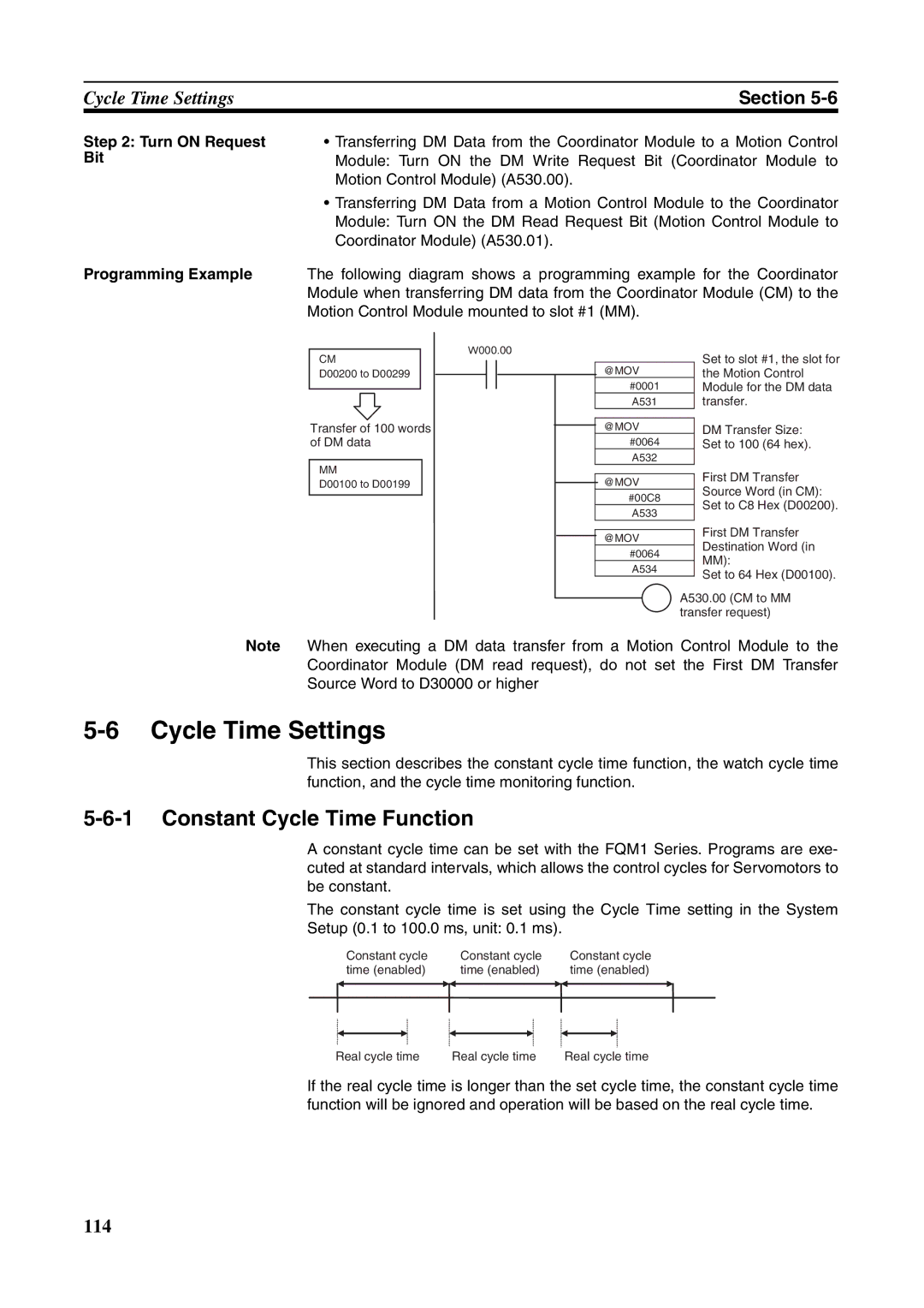 Omron FQM1-MMP21, FQM1-CM001 Cycle Time Settings, Constant Cycle Time Function, Turn on Request Bit Programming Example 