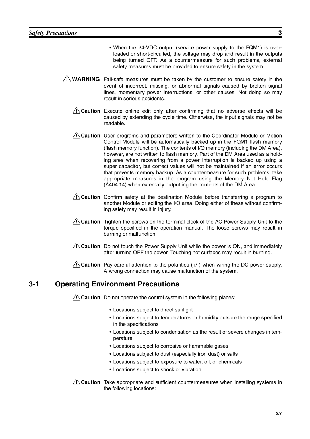 Omron FQM1-MMP21, FQM1-CM001, FQM1-MMA21 operation manual Operating Environment Precautions, Safety Precautions 